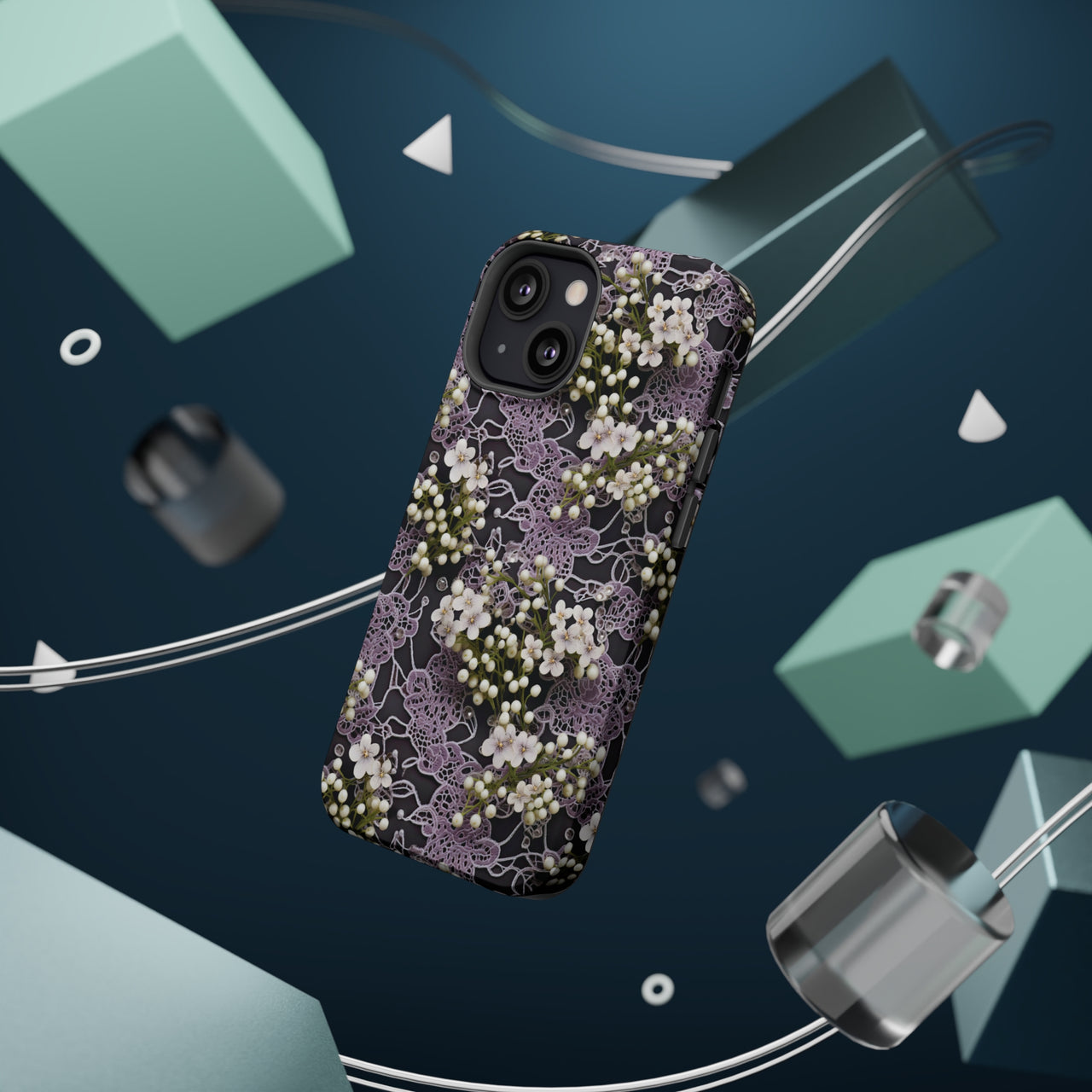 White Flowers on a Purple Bed - MagSafe Tough Cases for iPhone 13, iPhone 13 Mini, iPhone 13 Pro, and iPhone 13 Pro Max.