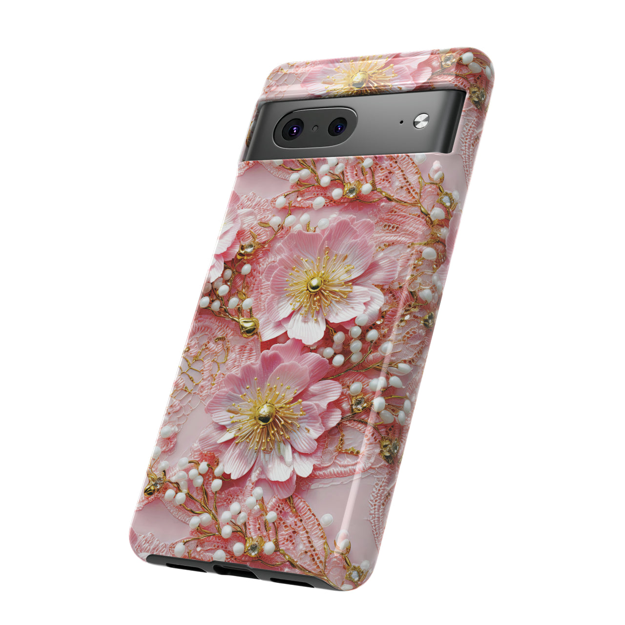 Gold-Kissed Flowers on Pink Lace - Tough Case for Google Pixel 7