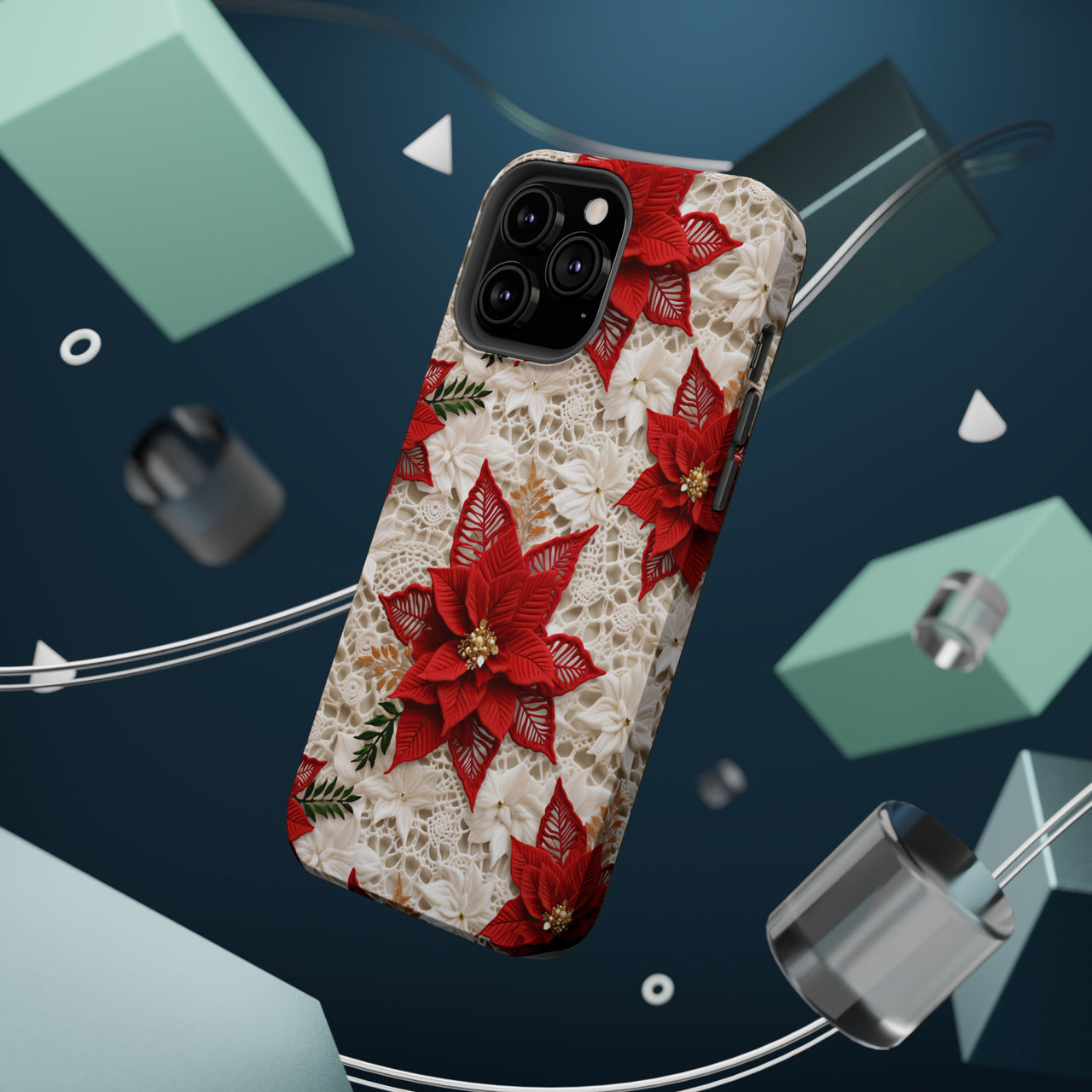 Christmas Poinsettia MagSafe Tough Cases for iPhone 13, iPhone 13 Mini, iPhone 13 Pro, and iPhone 13 Pro Max.