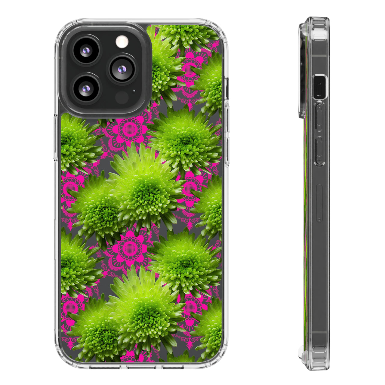 *Clear Case* Green Mums and Lace - iPhone 13, iPhone 13 Mini, iPhone 13 Pro, iPhone 13 Pro Max - Supports Wireless Charging