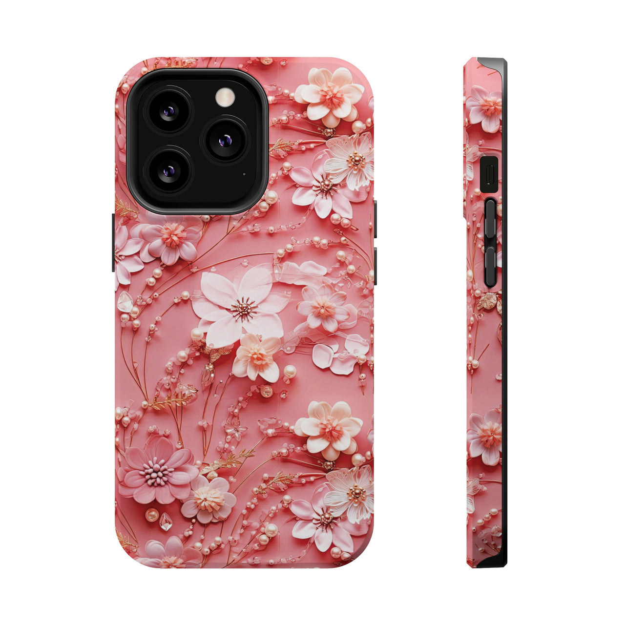 Floral Champagne Toast MagSafe Tough Cases for iPhone 13, iPhone 13 Mini, iPhone 13 Pro, and iPhone 13 Pro Max.