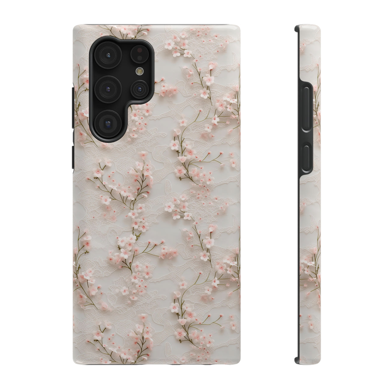 White Lace and Cherry Blossoms Impact-Resistant Cases for Samsung Galaxy S22, Samsung Galaxy S22 Plus, and Samsung Galaxy S22 Ultra. Supports Wireless Charging.