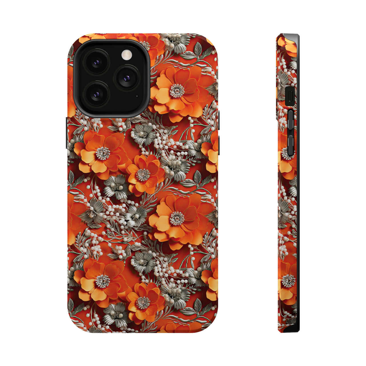 Orange Petals in Silver Tapestry MagSafe Tough Cases for iPhone 13, iPhone 13 Mini, iPhone 13 Pro, and iPhone 13 Pro Max.