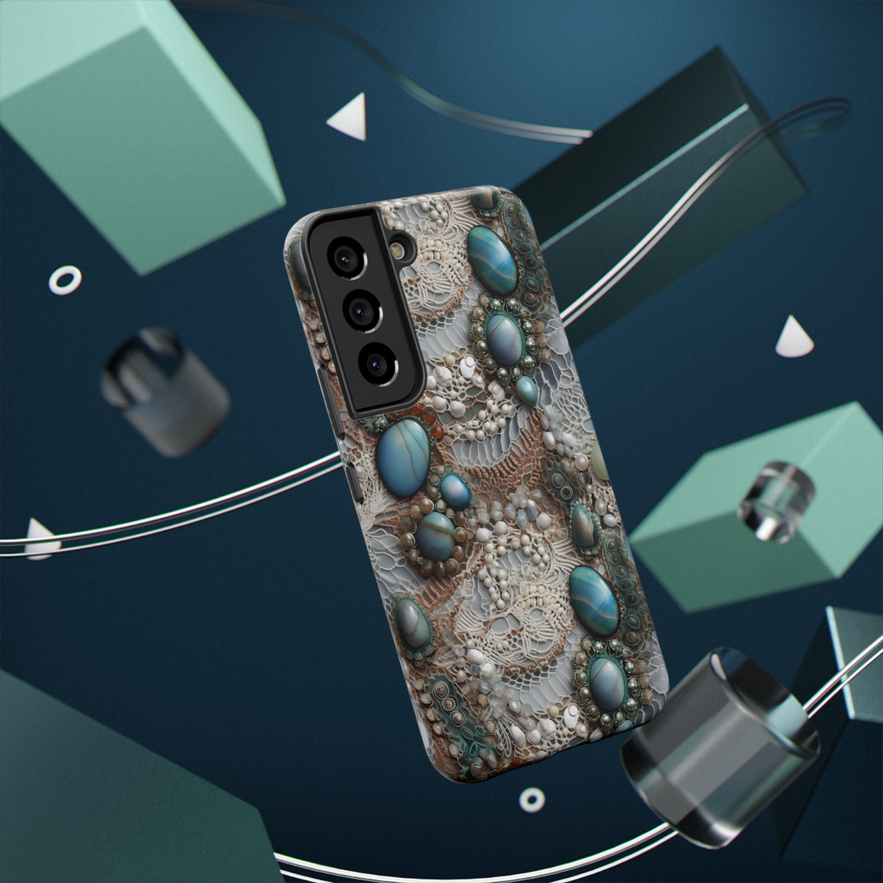 Boho Agate and Lace Impact-Resistant Cases for Samsung Galaxy S22, Samsung Galaxy S22 Plus, and Samsung Galaxy S22 Ultra. Supports Wireless Charging.