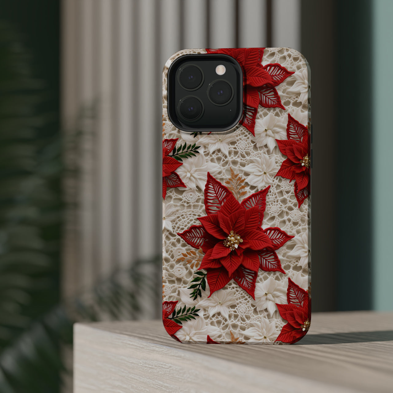 Christmas Poinsettia MagSafe Tough Cases for iPhone 13, iPhone 13 Mini, iPhone 13 Pro, and iPhone 13 Pro Max.