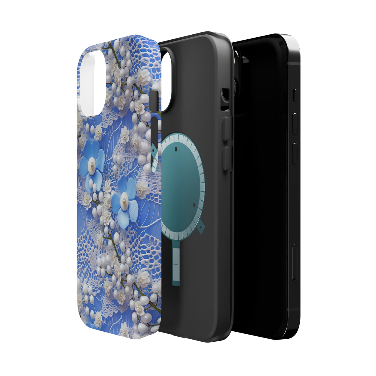 Pearls and Lace on Baby Blue - MagSafe Tough Cases for iPhone 14, iPhone 14 Pro, iPhone 14 Plus, and iPhone 14 Pro Max