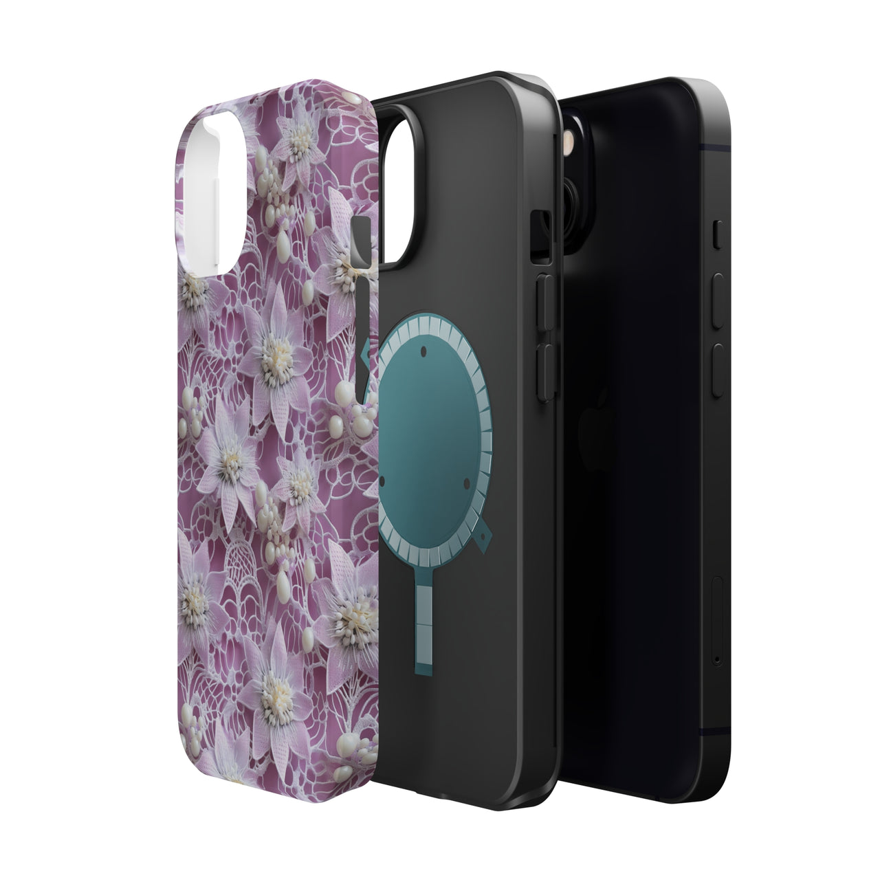 Coquette Clematis MagSafe Tough Cases for iPhone 13, iPhone 13 Mini, iPhone 13 Pro, and iPhone 13 Pro Max.