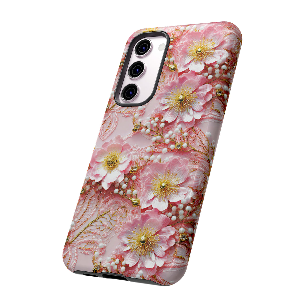 Gold-Kissed Flowers on Pink Lace - Tough Case for Samsung Galaxy S23, Samsung Galaxy S23 Plus, and Samsung Galaxy S23 Ultra