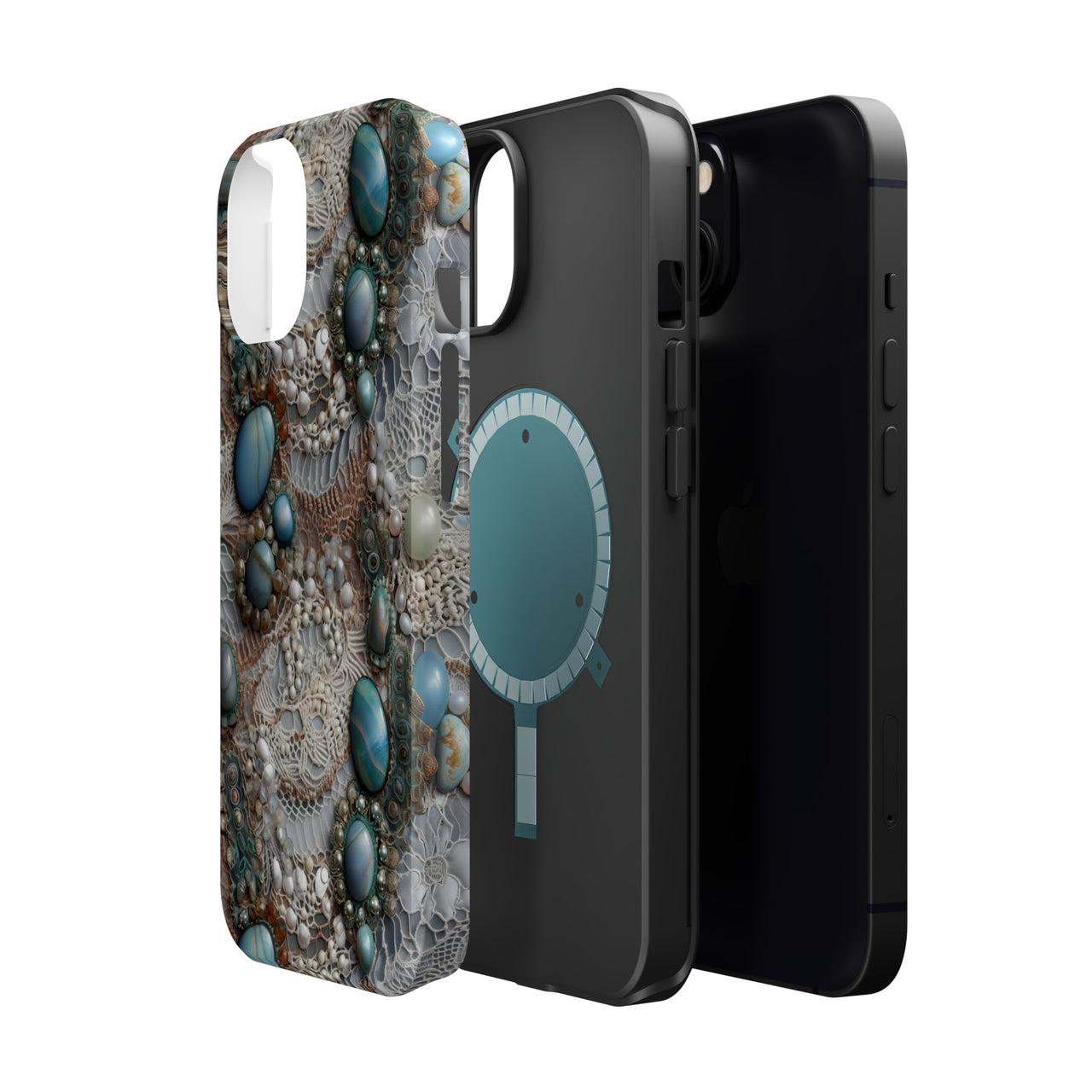 Boho Agate and Lace MagSafe Tough Cases for iPhone 13, iPhone 13 Mini, iPhone 13 Pro, and iPhone 13 Pro Max.