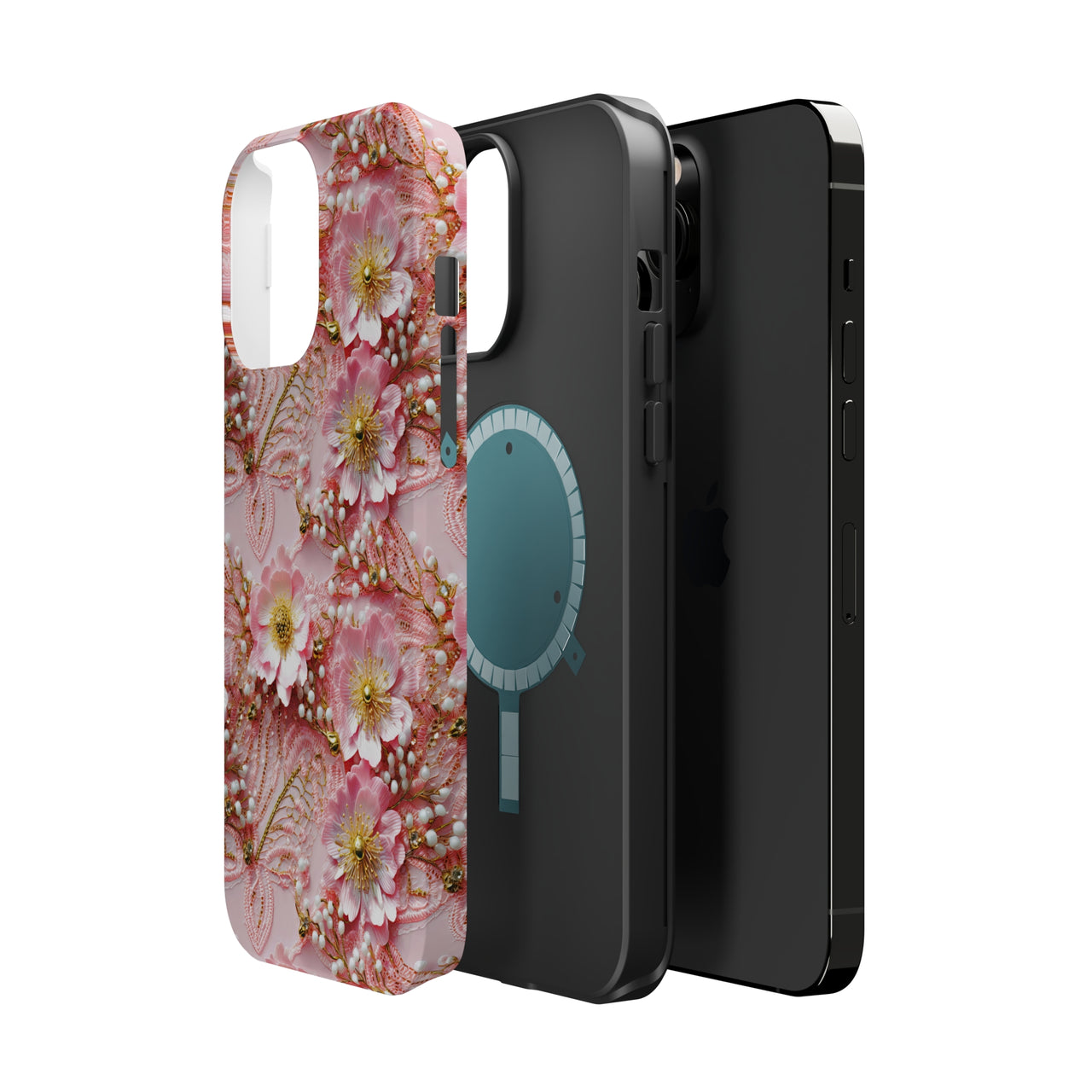 Gold-Kissed Flowers on Pink Lace - MagSafe Tough Cases for iPhone 13, iPhone 13 Mini, iPhone 13 Pro, and iPhone 13 Pro Max.