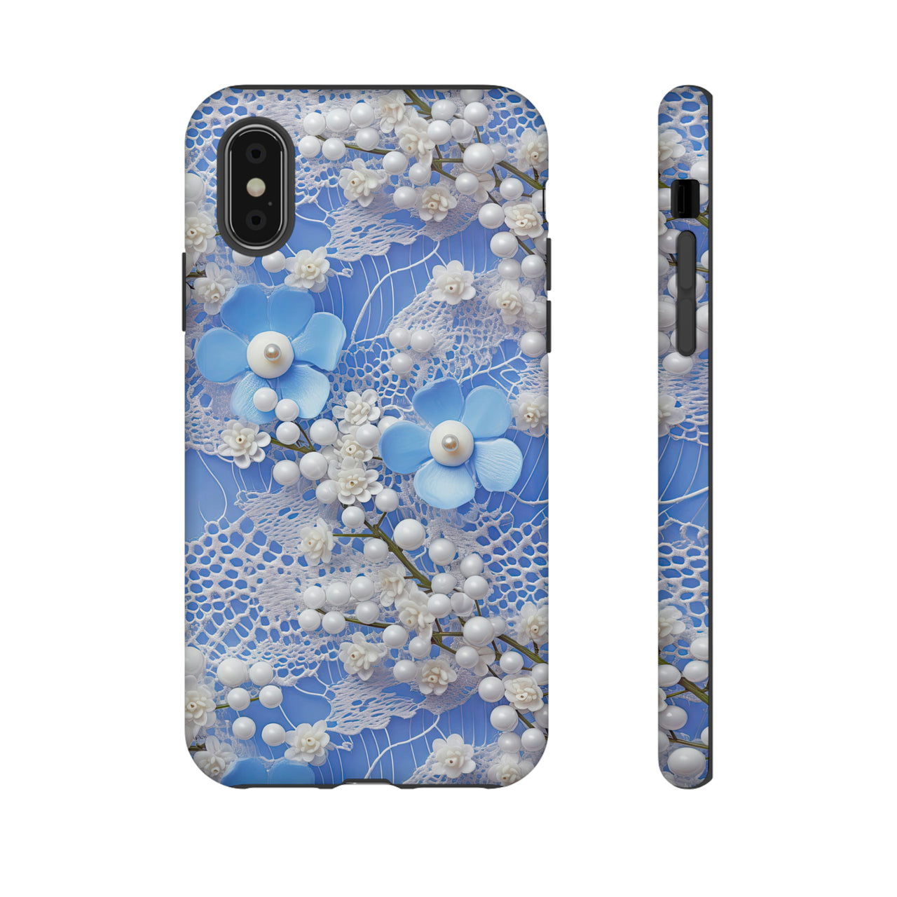 Pearls and Lace on Baby Blue - Tough Cases for iPhone X, iPhone XR, iPhone XS, and iPhone XS MAX.