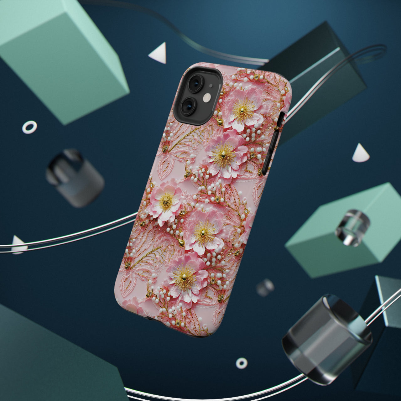 Gold-Kissed Flowers on Pink Lace -  Impact-Resistant Cases for iPhone 11, iPhone 11 Pro, and iPhone 11 Pro Max. Supports Wireless Charging.