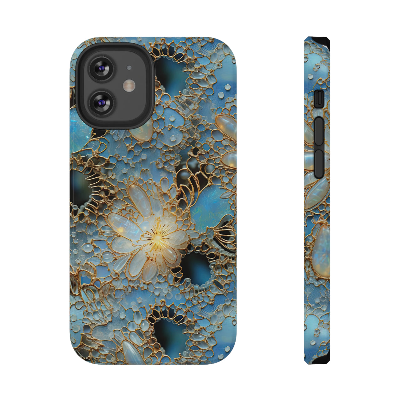 Gemstones and Gold Lace Impact-Resistant Case for iPhone 12, iPhone 12 Mini, iPhone 12 Pro, and iPhone 12 Pro Max. Supports Wireless Charging.