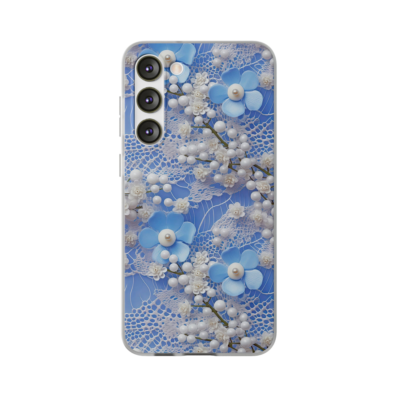 Pearls and Lace on Baby Blue - Flexi Cases for Samsung Galaxy S23, Samsung Galaxy S23 Plus, and Samsung Galaxy S23 Ultra