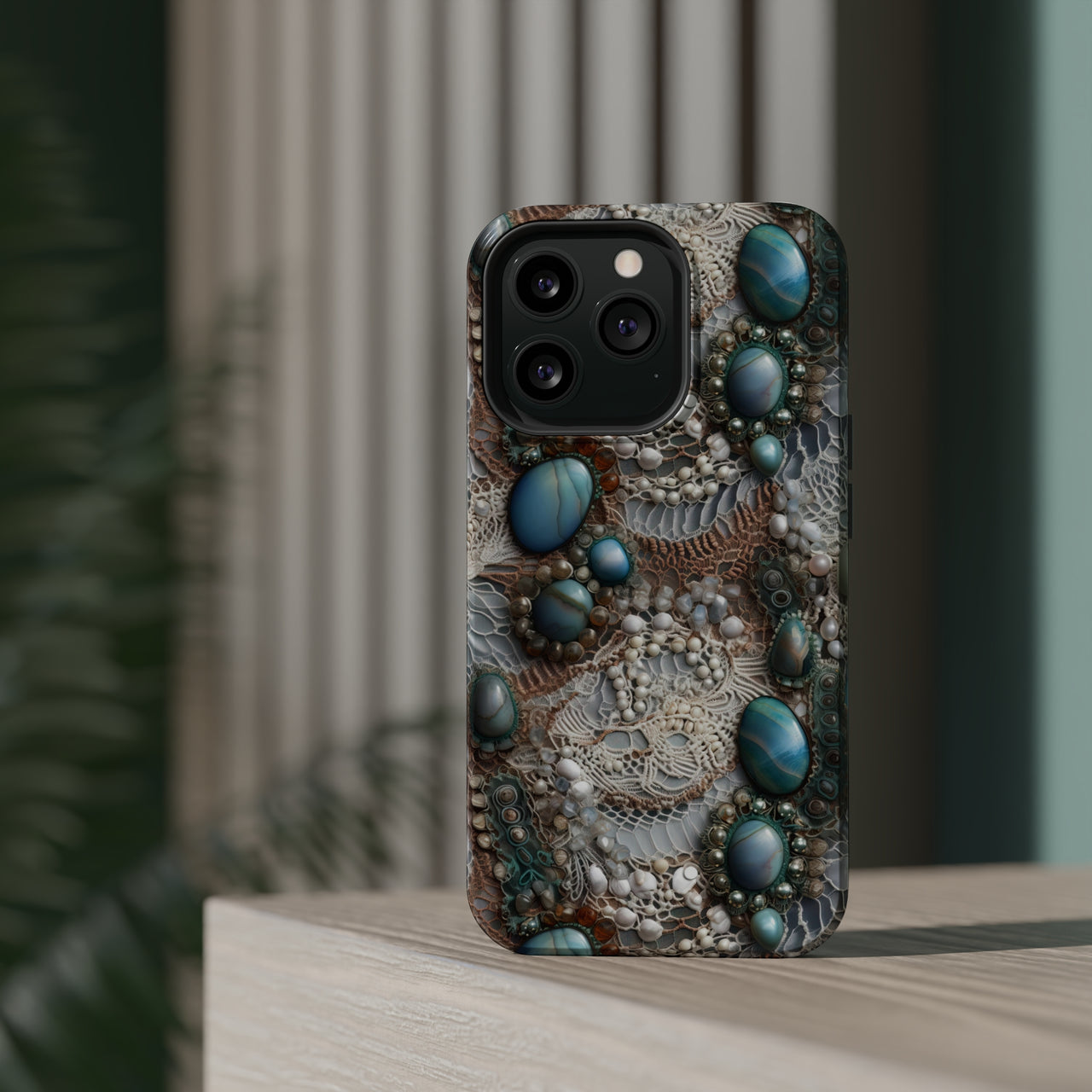 Boho Agate and Lace MagSafe Tough Cases for iPhone 13, iPhone 13 Mini, iPhone 13 Pro, and iPhone 13 Pro Max.