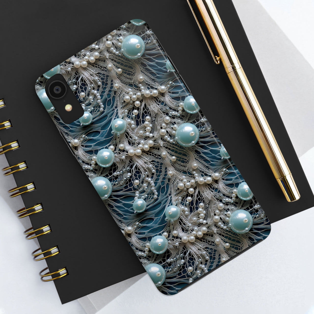 Sea Foam Lace and Pearls Tough Phone Cases for iPhone X, iPhone XR, iPhone XS, and iPhone XS MAX. Supports Wireless Charging.