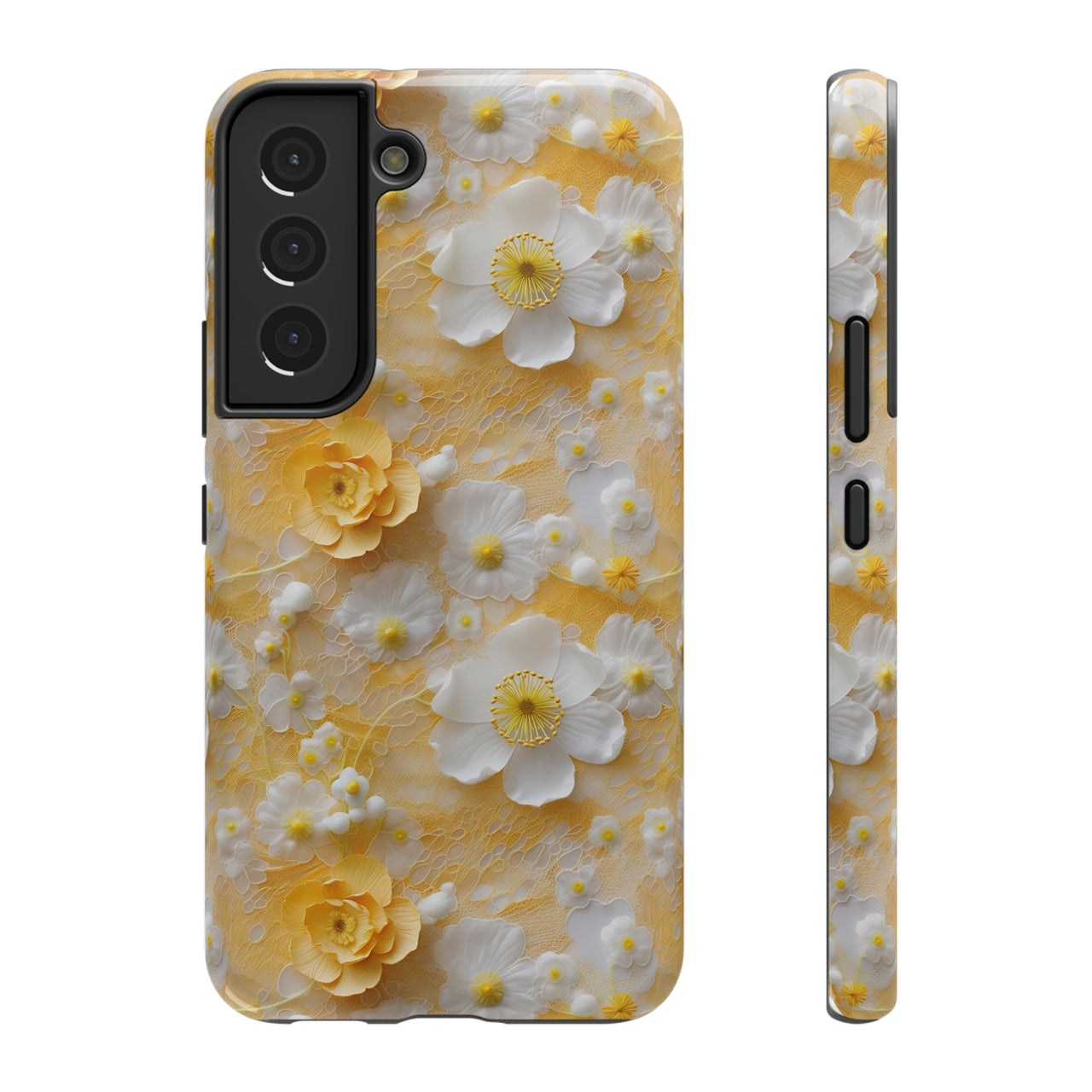 Yellow Floral Impact-Resistant Cases for Samsung Galaxy S22, Samsung Galaxy S22 Plus, and Samsung Galaxy S22 Ultra. Supports Wireless Charging.