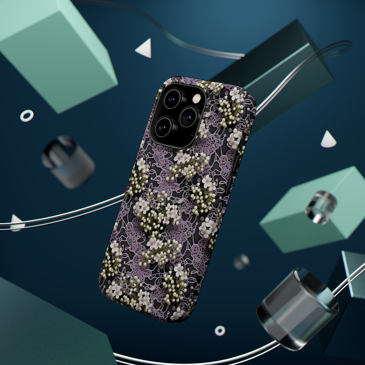 White Flowers on a Purple Bed - MagSafe Tough Cases for iPhone 14, iPhone 14 Pro, iPhone 14 Plus, and iPhone 14 Pro Max