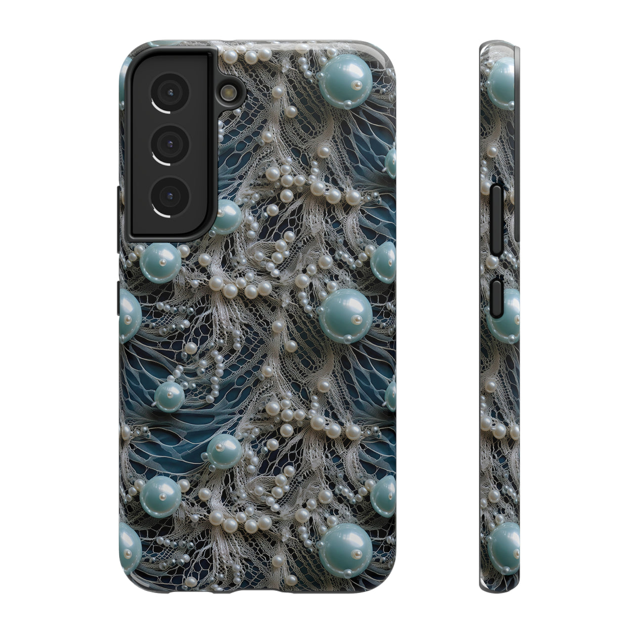 Sea Foam Lace and Pearls Impact-Resistant Cases for Samsung Galaxy S22, Samsung Galaxy S22 Plus, and Samsung Galaxy S22 Ultra. Supports Wireless Charging.