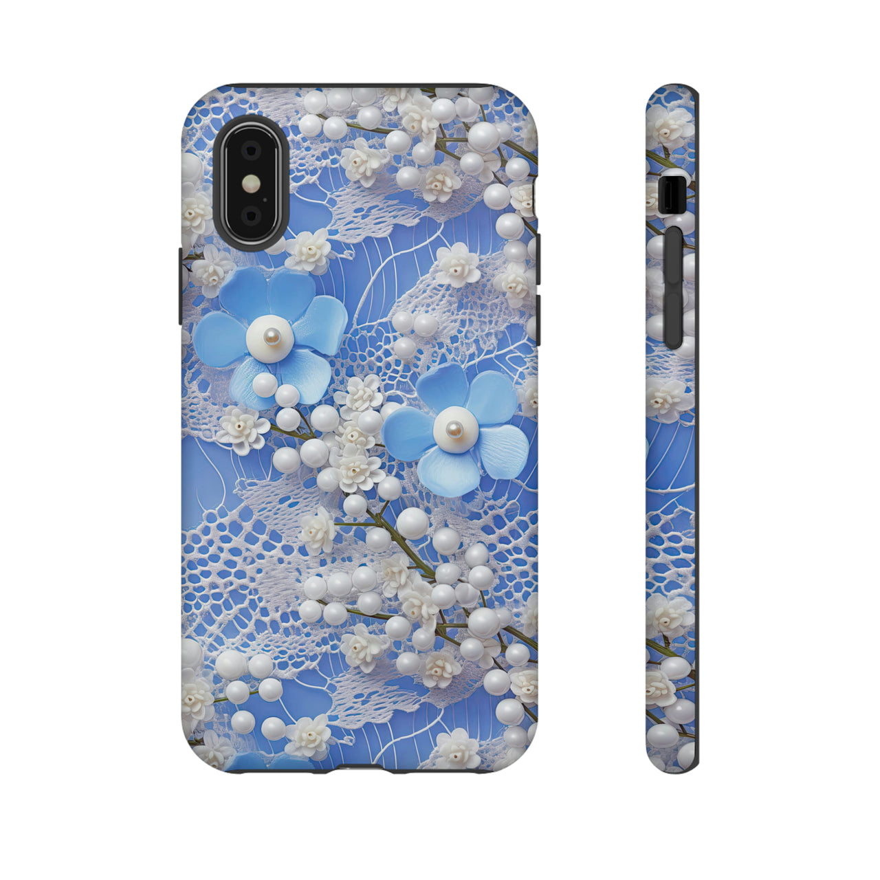 Pearls and Lace on Baby Blue - Tough Cases for iPhone X, iPhone XR, iPhone XS, and iPhone XS MAX.