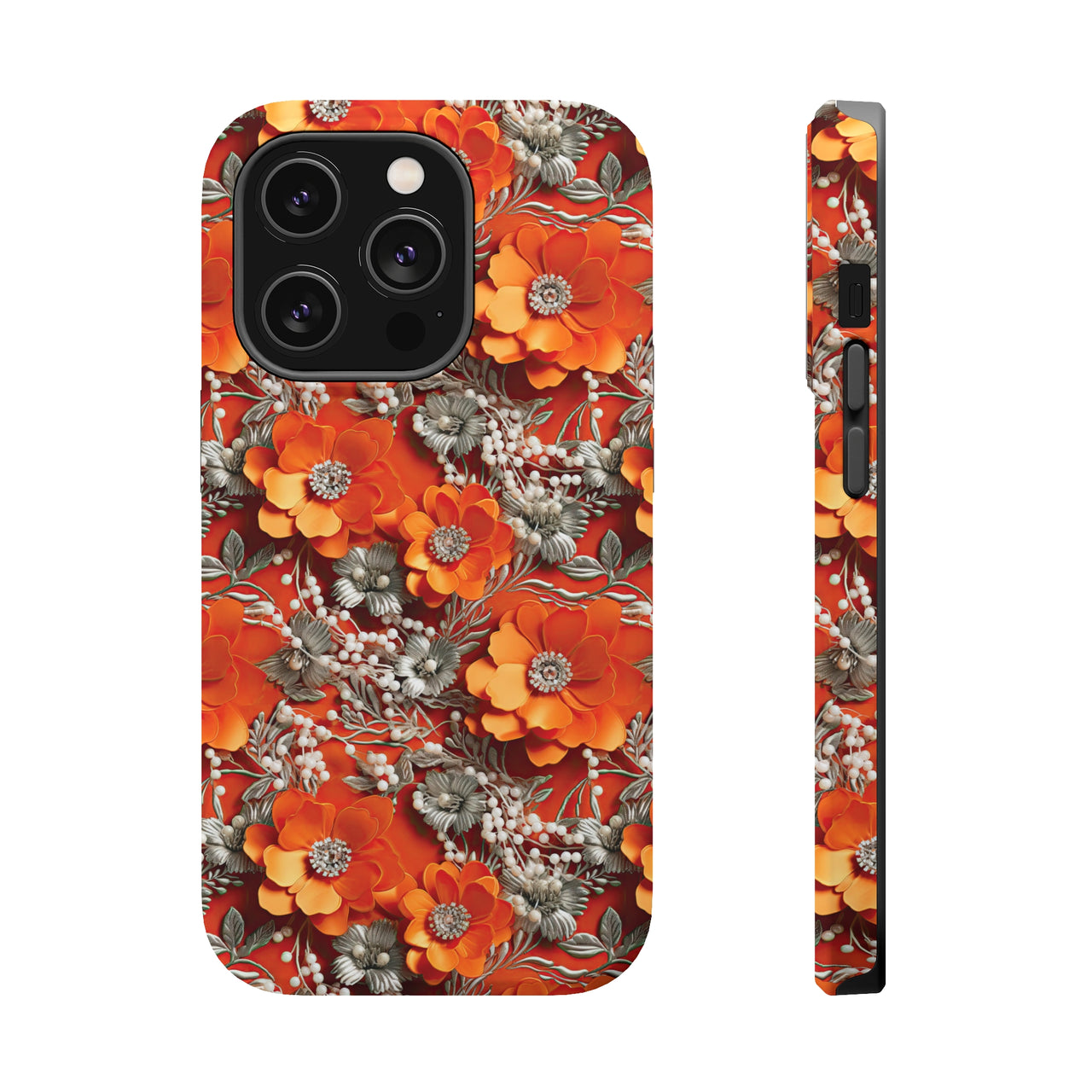 Orange Petals in Silver Tapestry MagSafe Tough Cases for iPhone 14, iPhone 14 Pro, iPhone 14 Plus, and iPhone 14 Pro Max