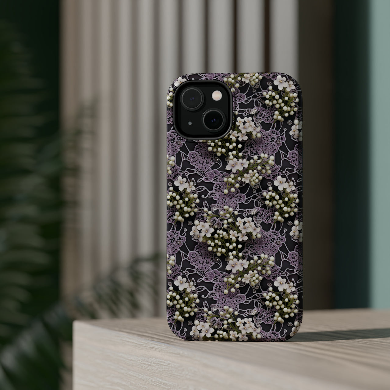 White Flowers on a Purple Bed - MagSafe Tough Cases for iPhone 14, iPhone 14 Pro, iPhone 14 Plus, and iPhone 14 Pro Max