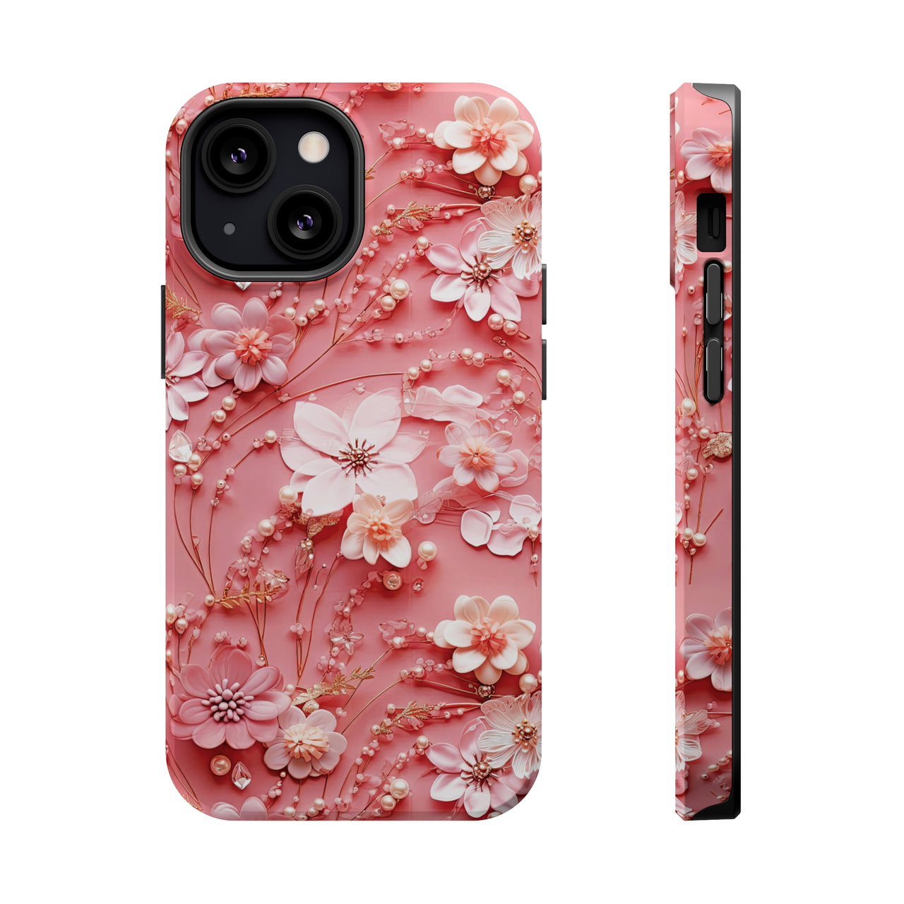 Floral Champagne Toast MagSafe Tough Cases for iPhone 13, iPhone 13 Mini, iPhone 13 Pro, and iPhone 13 Pro Max.