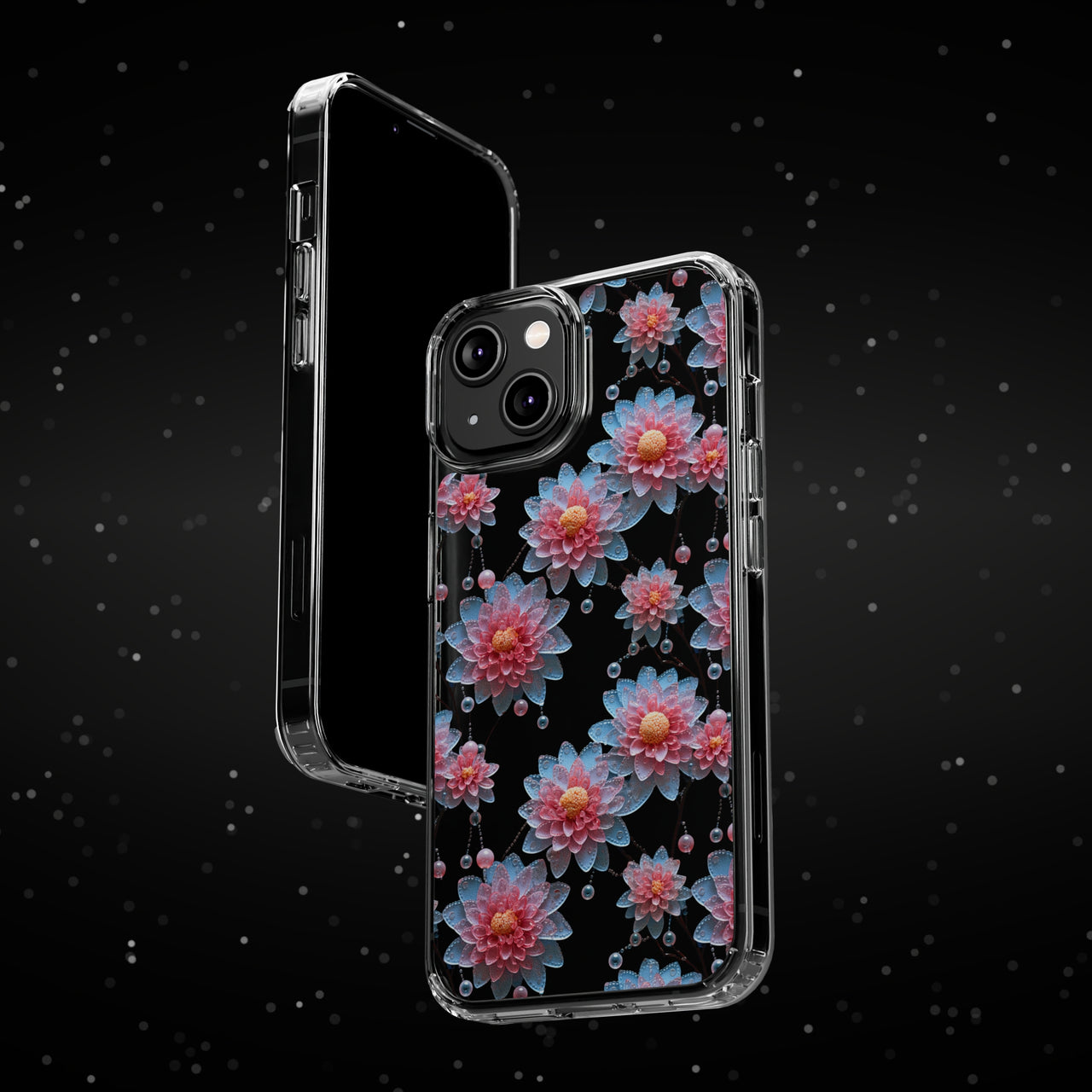 *Clear Case* Pink and Blue Glass Flowers - iPhone 14, iPhone 14 Pro, iPhone 14 Plus, iPhone 14 Pro Max - Supports Wireless Charging