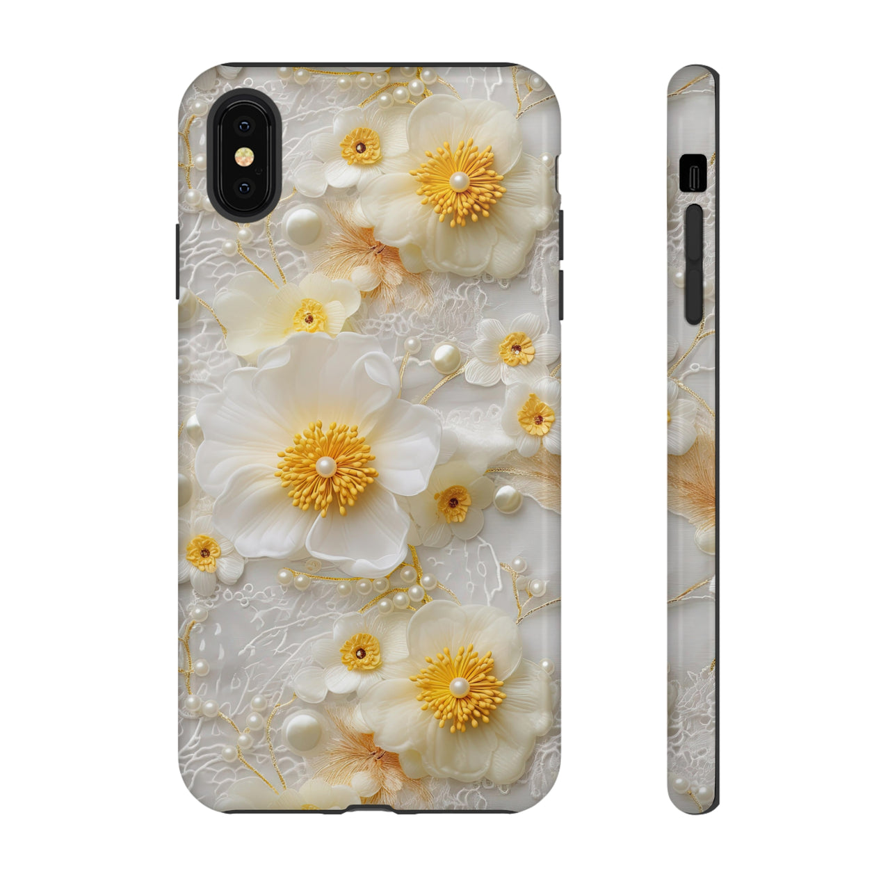 White and Yellow Floral Tough Cases for iPhone X, iPhone XR, iPhone XS, and iPhone XS MAX.