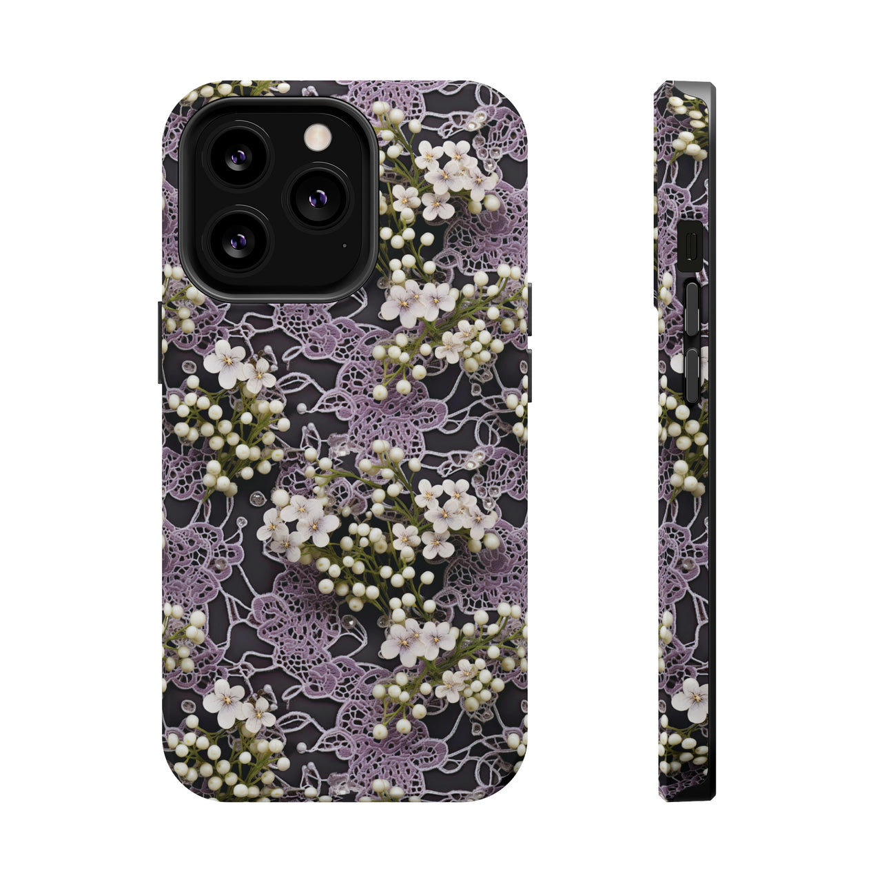 White Flowers on a Purple Bed - MagSafe Tough Cases for iPhone 13, iPhone 13 Mini, iPhone 13 Pro, and iPhone 13 Pro Max.