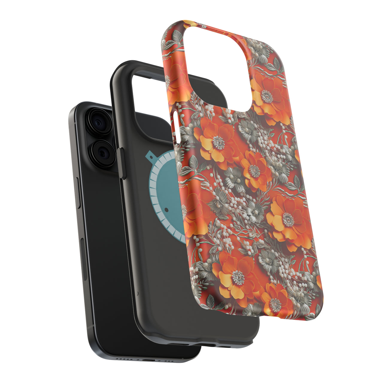 Orange Petals in Silver Tapestry - MagSafe Tough Case for iPhone 15, iPhone 15 Pro, iPhone 15 Plus, & iPhone 15 Pro Max