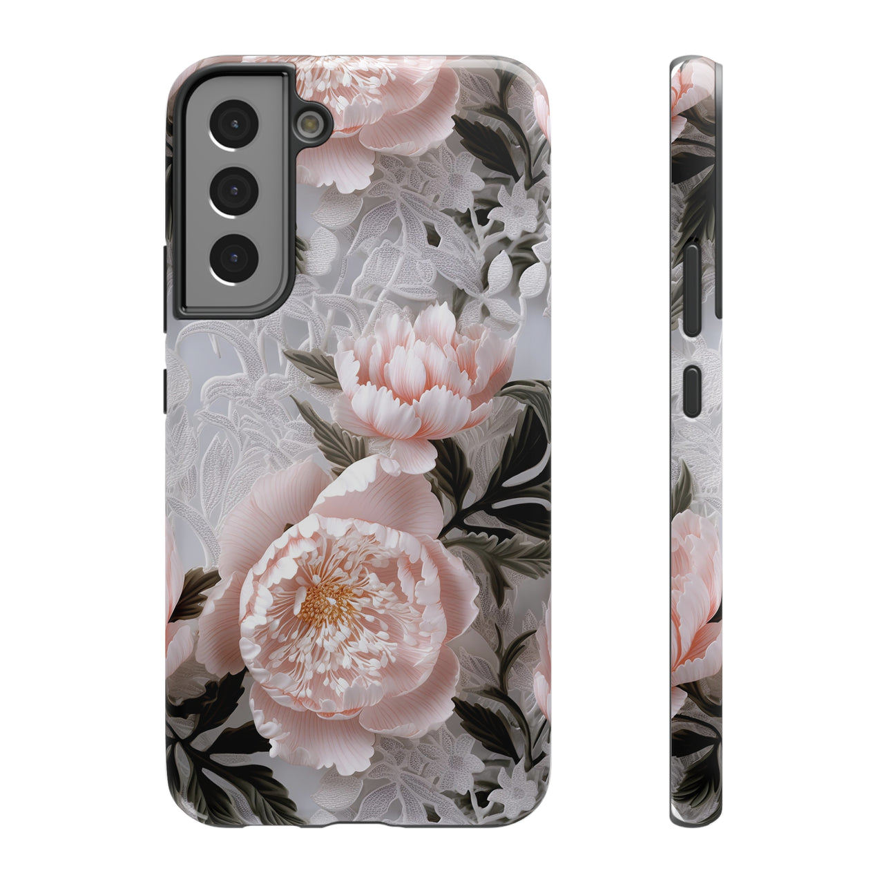 Pink Peony Impact-Resistant Cases for Samsung Galaxy S22, Samsung Galaxy S22 Plus, and Samsung Galaxy S22 Ultra. Supports Wireless Charging.