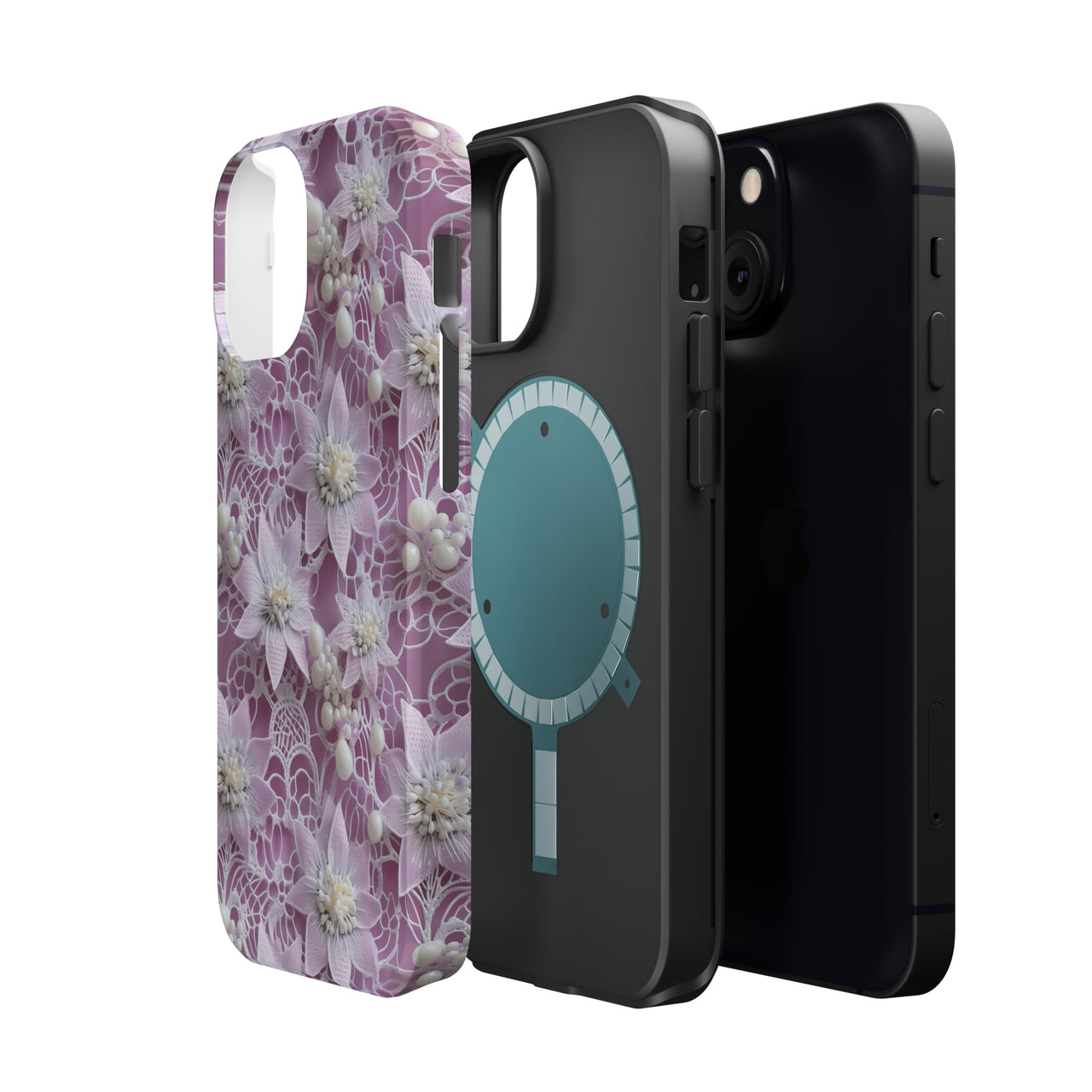 Coquette Clematis MagSafe Tough Cases for iPhone 13, iPhone 13 Mini, iPhone 13 Pro, and iPhone 13 Pro Max.