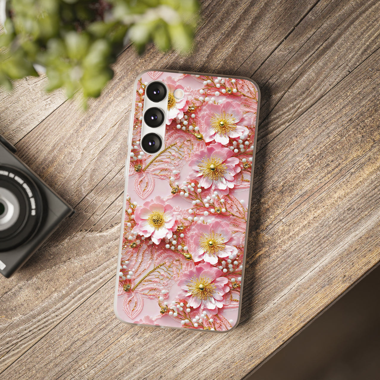 Gold-Kissed Flowers on Pink Lace - Flexi Cases for Samsung Galaxy S23, Samsung Galaxy S23 Plus, & Samsung Galaxy S23 Ultra