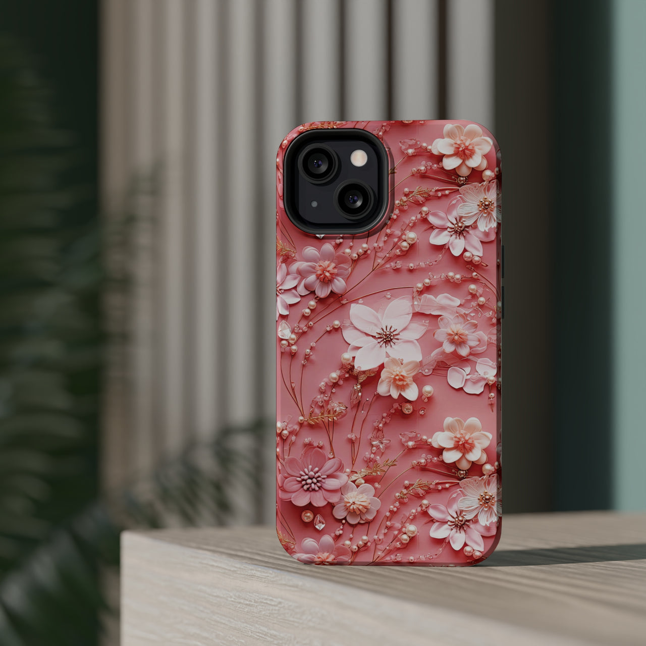 Floral Champagne Toast MagSafe Tough Cases for iPhone 13, iPhone 13 Mini, iPhone 13 Pro, and iPhone 13 Pro Max.