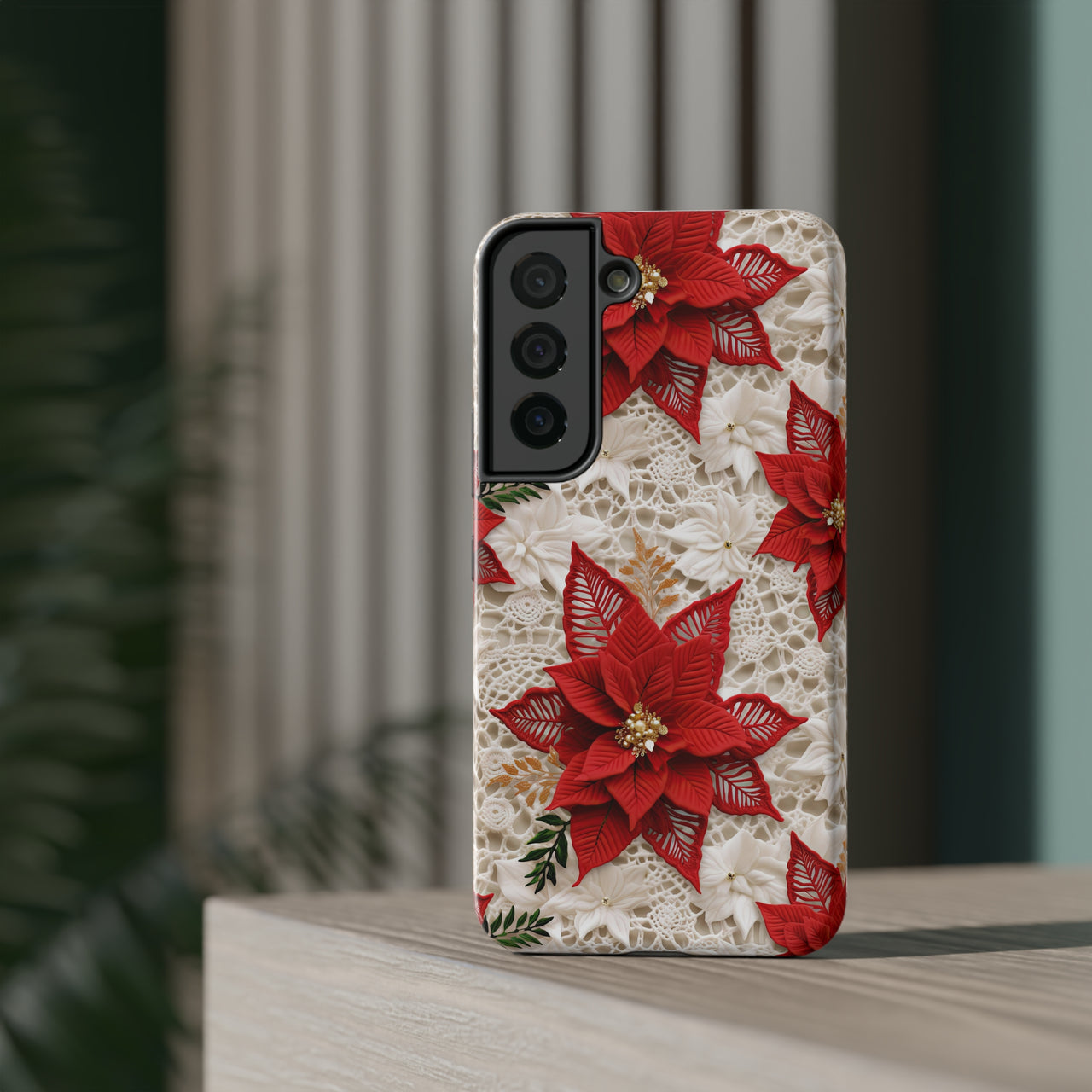 Christmas Poinsettia Impact-Resistant Cases for Samsung Galaxy S22, Samsung Galaxy S22 Plus, and Samsung Galaxy S22 Ultra. Supports Wireless Charging.