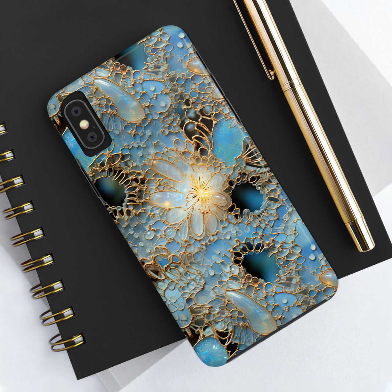 Gemstones and Gold Lace Tough Phone Cases for iPhone X, iPhone XR, iPhone XS, and iPhone XS MAX. Supports Wireless Charging.