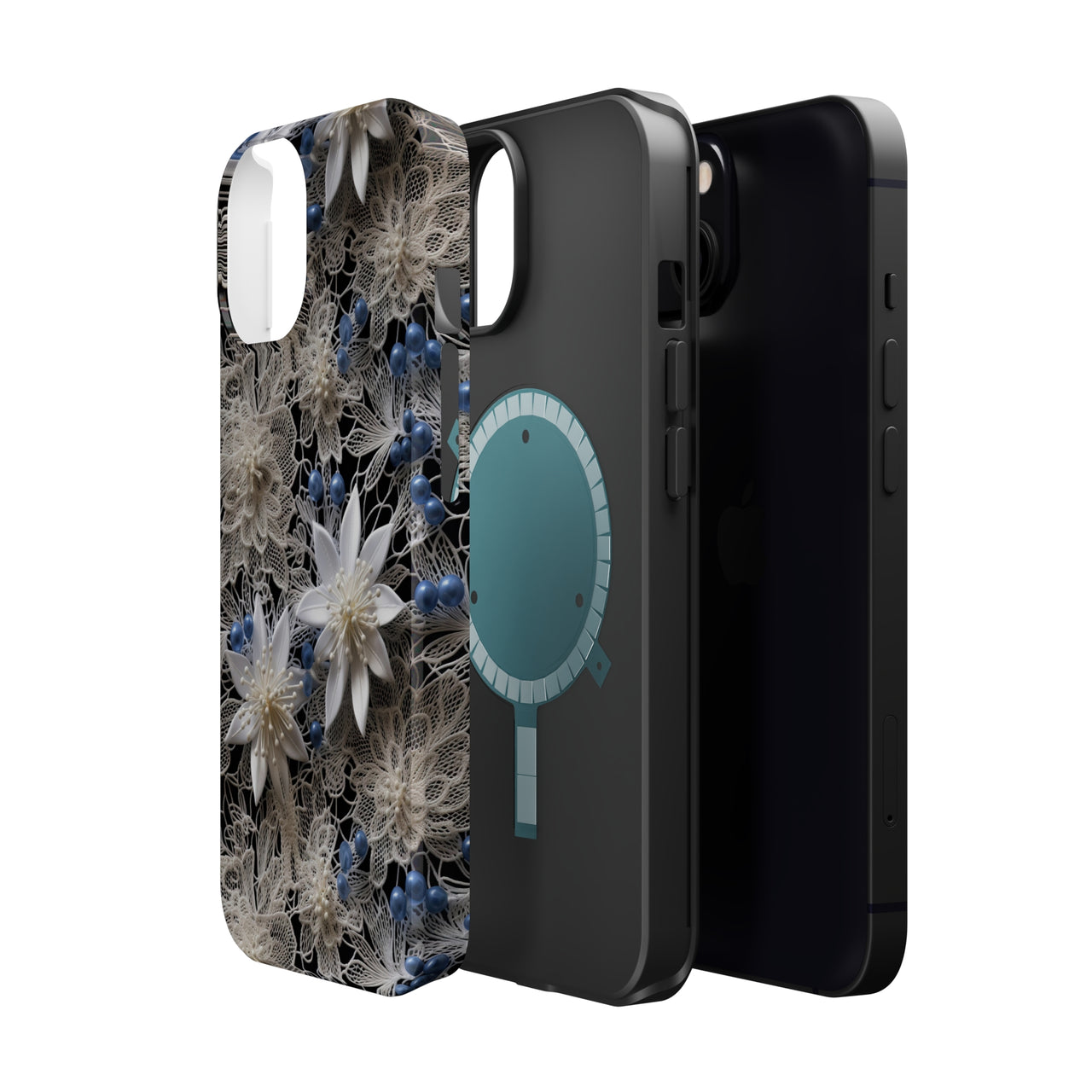 Vintage Lace and Clematis MagSafe Tough Cases for iPhone 13, iPhone 13 Mini, iPhone 13 Pro, and iPhone 13 Pro Max.