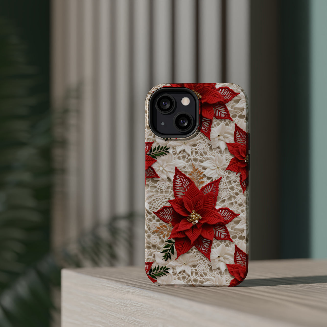 Christmas Poinsettia MagSafe Tough Cases for iPhone 13, iPhone 13 Mini, iPhone 13 Pro, and iPhone 13 Pro Max.