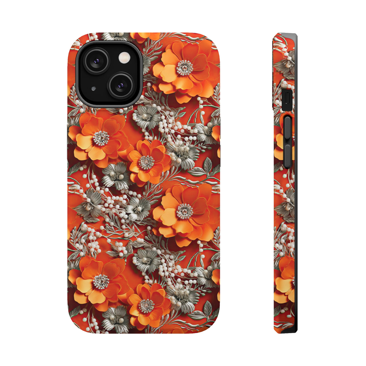 Orange Petals in Silver Tapestry MagSafe Tough Cases for iPhone 14, iPhone 14 Pro, iPhone 14 Plus, and iPhone 14 Pro Max