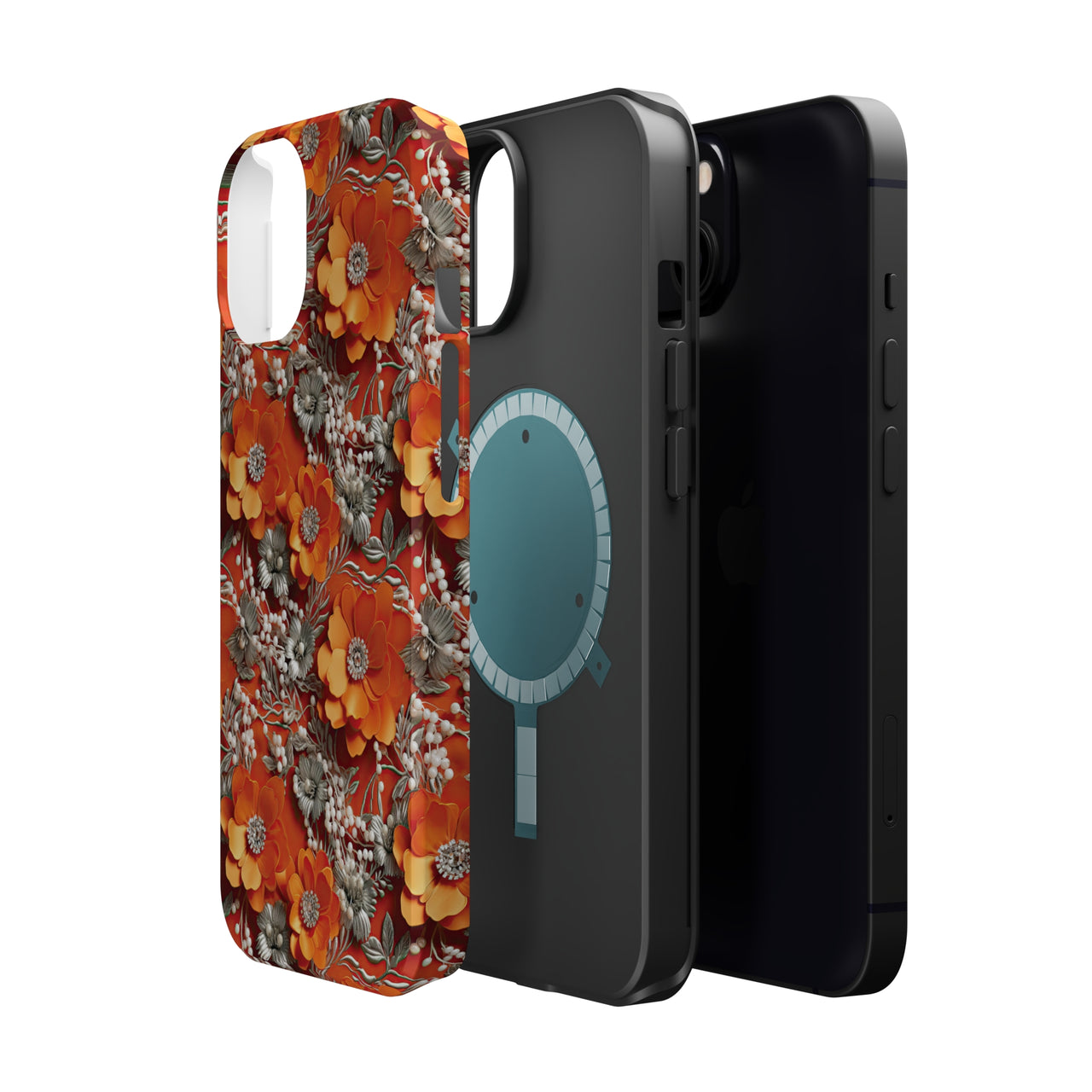 Orange Petals in Silver Tapestry MagSafe Tough Cases for iPhone 13, iPhone 13 Mini, iPhone 13 Pro, and iPhone 13 Pro Max.