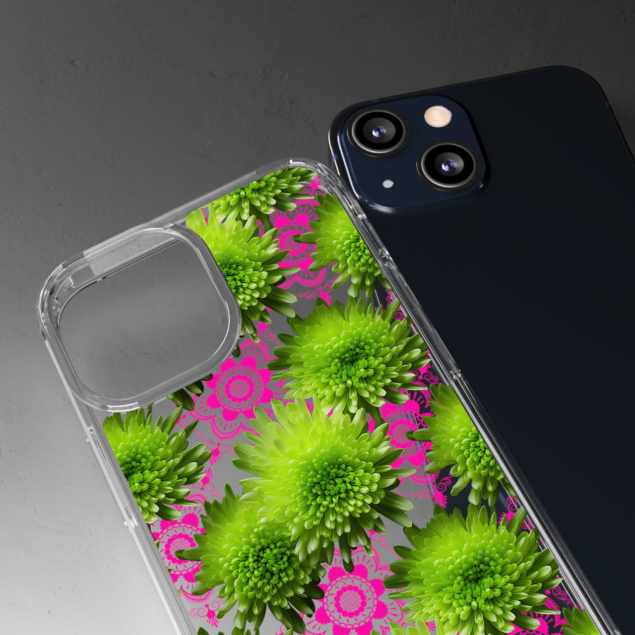 *Clear Case* Green Mums and Lace - iPhone 13, iPhone 13 Mini, iPhone 13 Pro, iPhone 13 Pro Max - Supports Wireless Charging