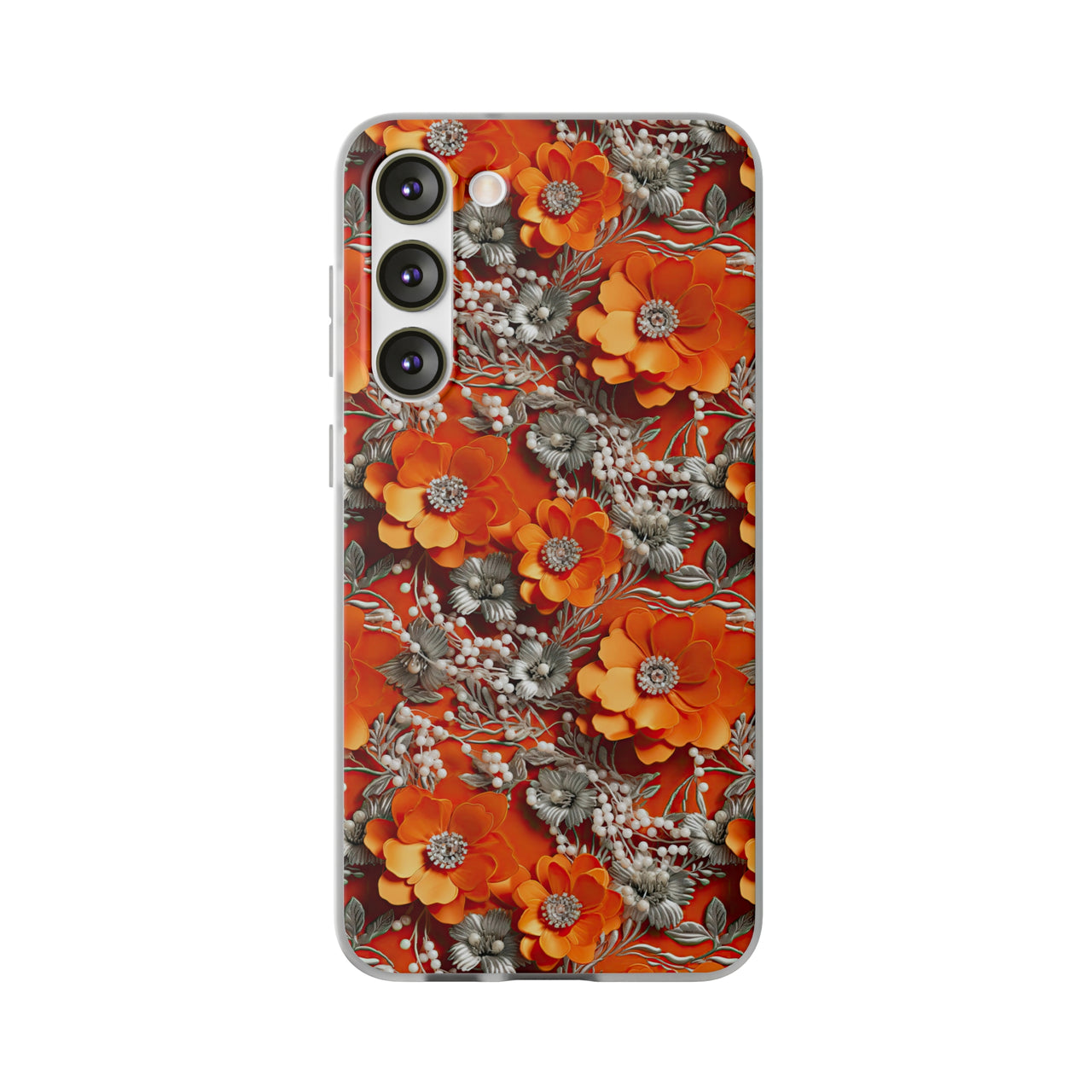 Orange Petals in Silver Tapestry - Flexi Cases for Samsung Galaxy S23, Samsung Galaxy S23 Plus, and Samsung Galaxy S23 Ultra