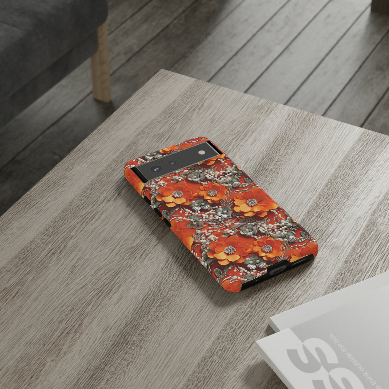 Orange Petals in Silver Tapestry Tough Case for Google Pixel 6 and Google Pixel 6 Pro