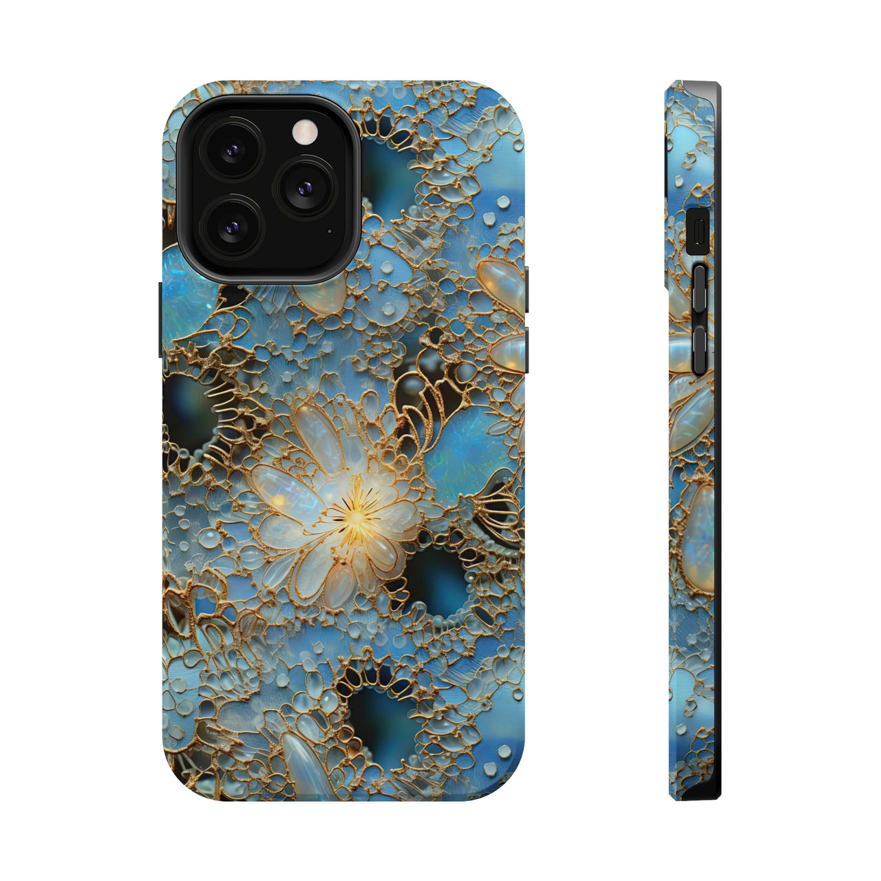 Gemstones and Gold Lace MagSafe Tough Cases for iPhone 13, iPhone 13 Mini, iPhone 13 Pro, and iPhone 13 Pro Max.