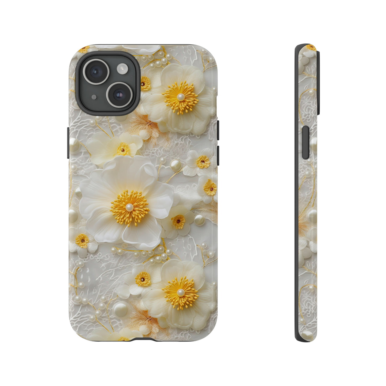 Yellow and White Floral Tough Case for iPhone 15, iPhone 15 Pro, iPhone 15 Plus, and iPhone 15 Pro Max