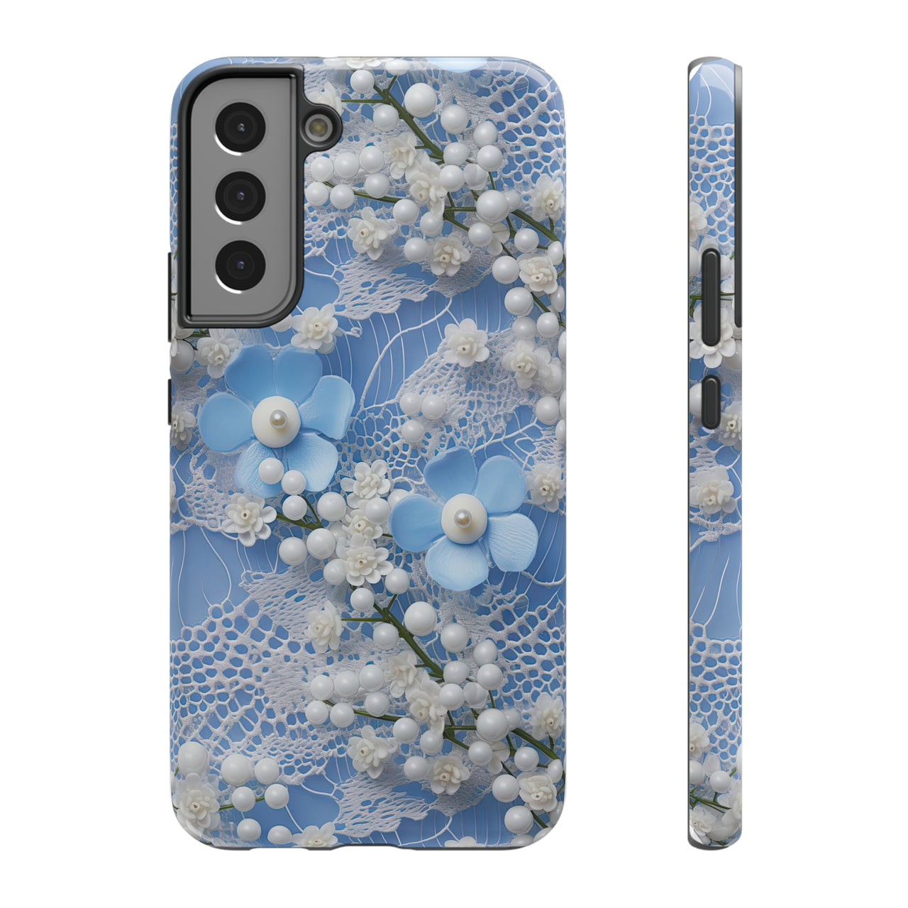 Pearls and Lace on Baby Blue - Impact-Resistant Case for Samsung Galaxy S22, Samsung Galaxy S22 Plus, and Samsung Galaxy S22 Ultra. Supports Wireless Charging.