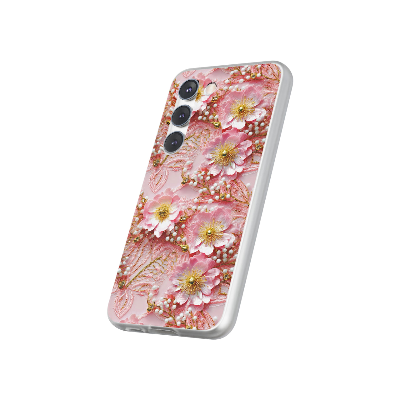 Gold-Kissed Flowers on Pink Lace - Flexi Cases for Samsung Galaxy S23, Samsung Galaxy S23 Plus, & Samsung Galaxy S23 Ultra