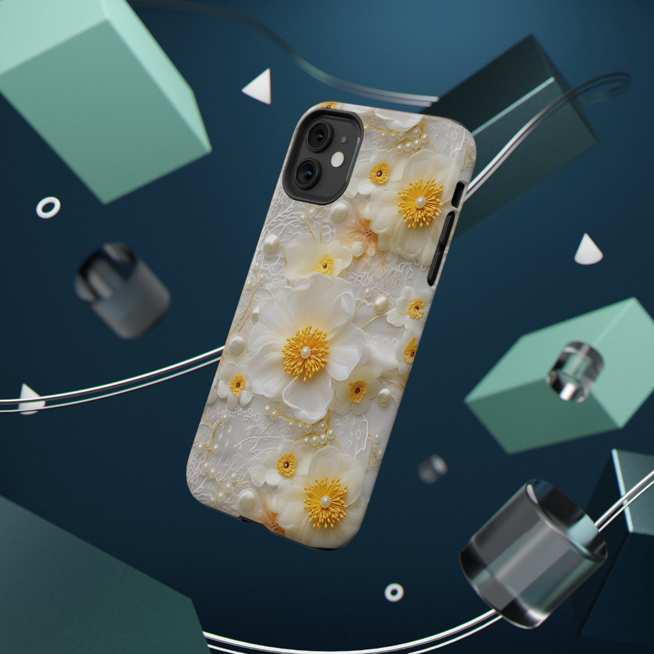 White and Yellow Floral Impact-Resistant Cases for iPhone 11, iPhone 11 Pro, and iPhone 11 Pro Max. Supports Wireless Charging.