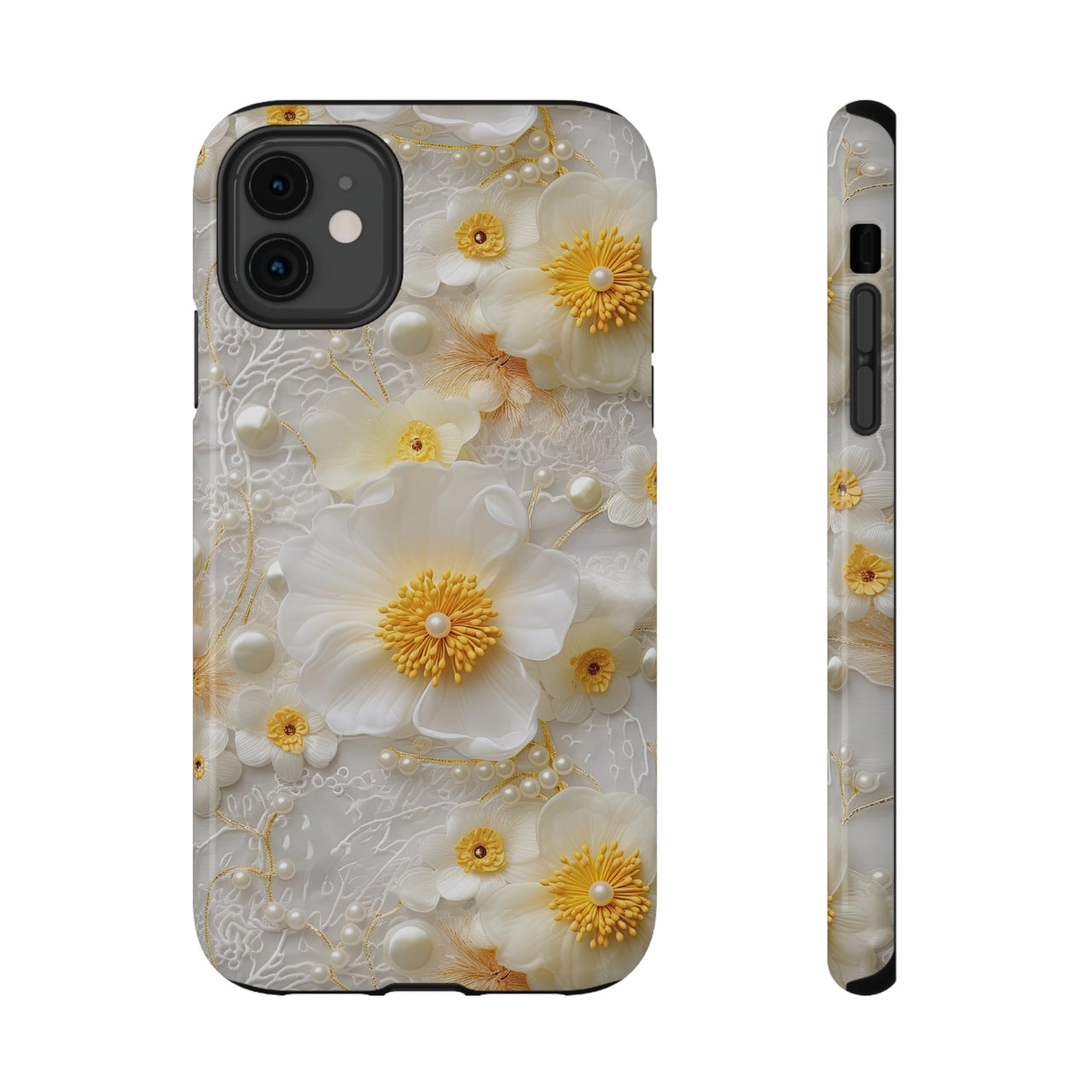 White and Yellow Floral Impact-Resistant Cases for iPhone 11, iPhone 11 Pro, and iPhone 11 Pro Max. Supports Wireless Charging.